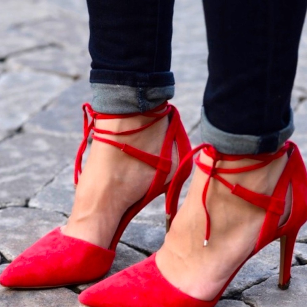 Vince Camuto lace up heel, red heels, Bellamy heel